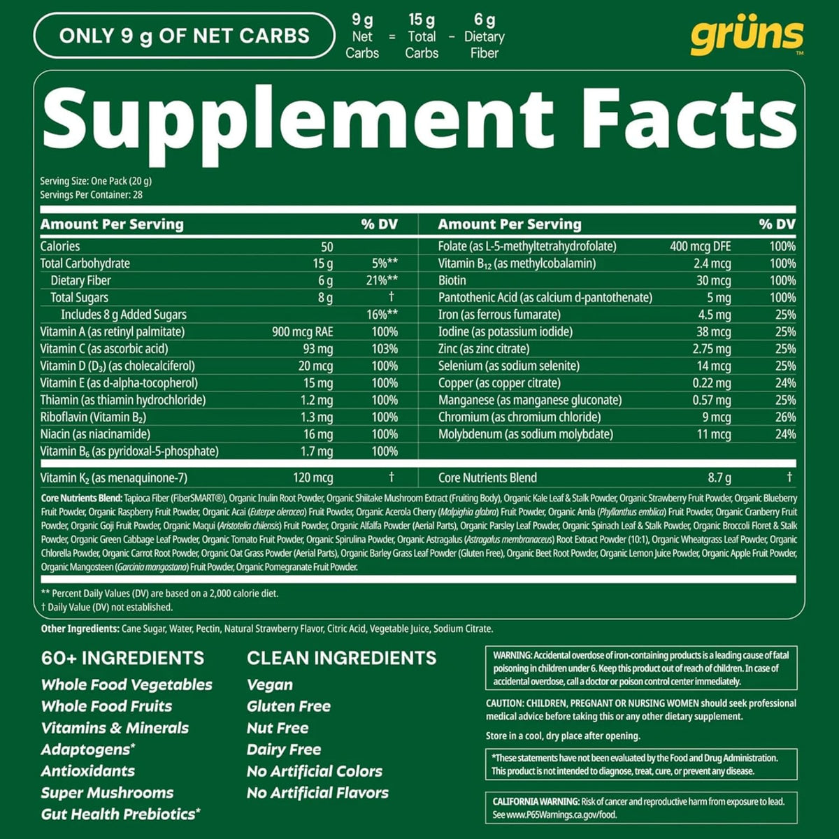 Gruns Adult Greens Gummies & Daily Multivitamin, Prebiotic Fiber, 28 ct