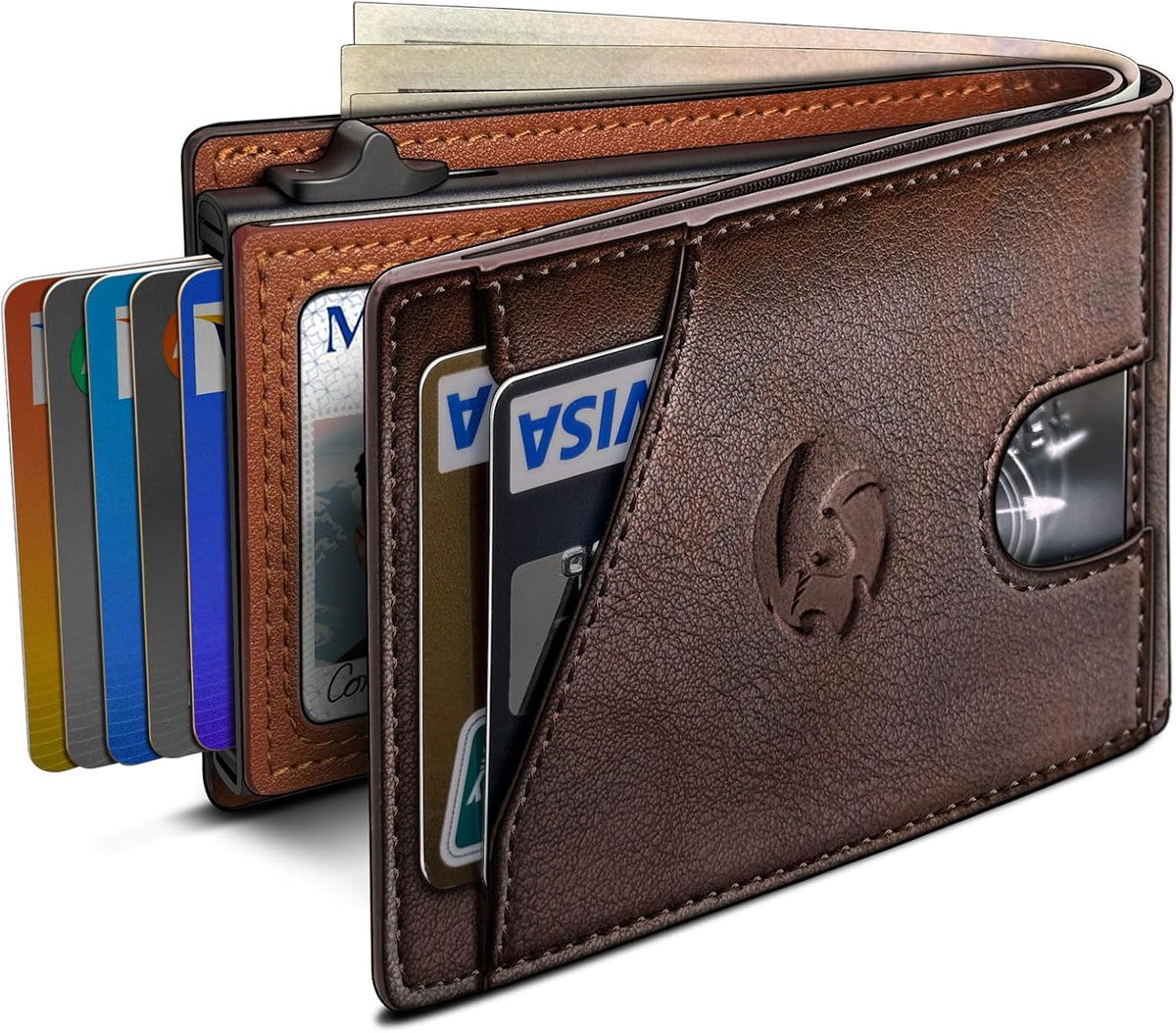 Cartera para hombre, tarjetero desplegable delgado con bloqueo RFID, billetera plegable minimalista con 9 ranuras para tarjetas, ventana de identificación y bolsillo para efectivo, funda de