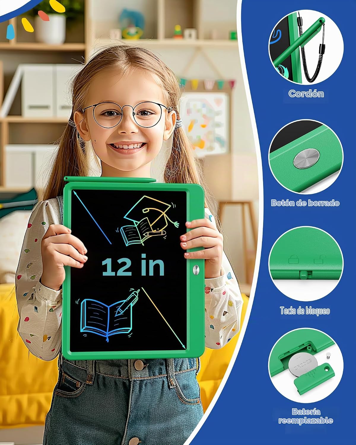 Tableta de escritura LCD de 12 pulgadas para niños de 3 años - Almohadilla de dibujo electrónica y tablero de garabatos como regalos educativos de cumpleaños para niñas y niños (verde)