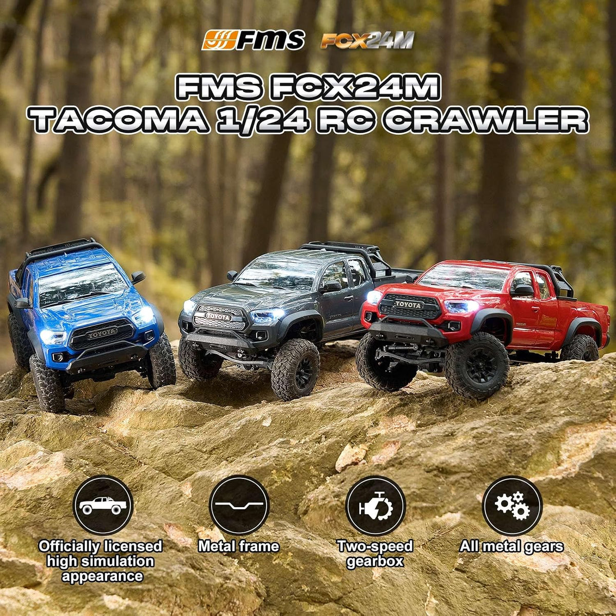 FMS FCX24 TOYOTA TACOMA 1/24 RC Crawler 4x4 RC Truck Crawler, con licencia oficial RC Rock Crawler con transmisión de 2 velocidades, motor de alto par, rodamientos totalmente metálicos, auto RTR RC para adultos (GRAY)