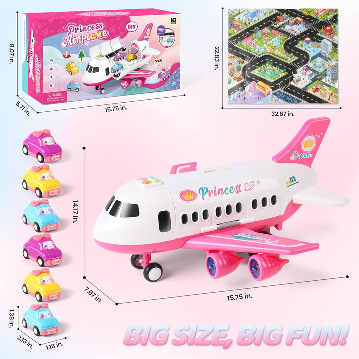 Dwi Dowellin Juguete de avión rosa con 6 camiones y tapete de juego...