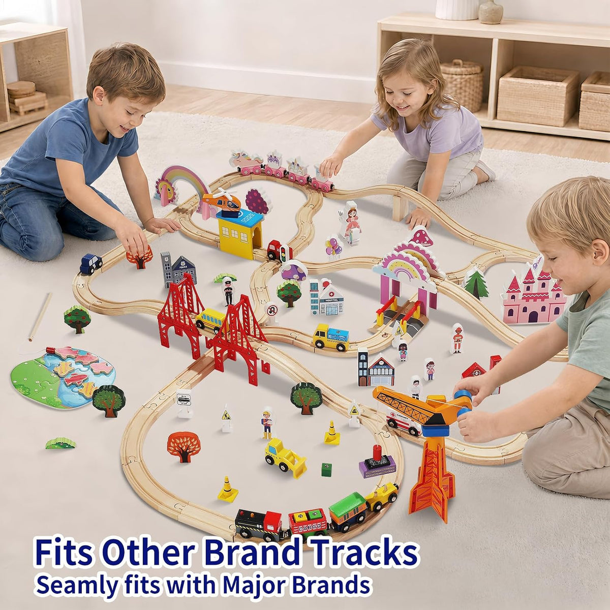 Juego de tren de madera de 120 piezas, tren de juguete con pistas para niños de 3 a 10 años, compatible con las principales marcas, juego de ferrocarril para niños y niñas
