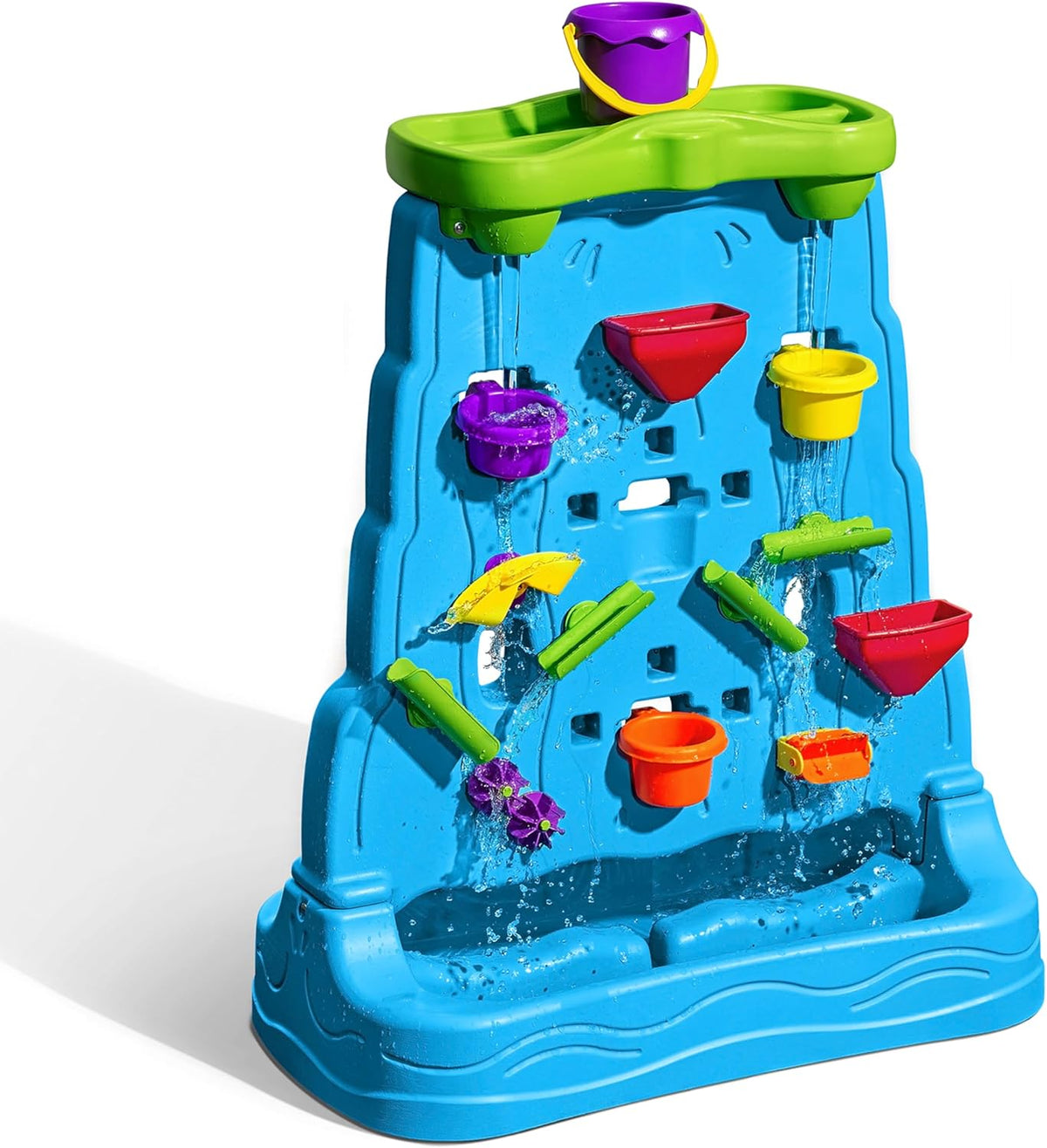 Step2 Pared de descubrimiento de cascada, mesa sensorial de doble cara para actividades de agua y arena, juguetes de verano al aire libre, accesorios de juguete de 13 piezas, para niños pequeños de