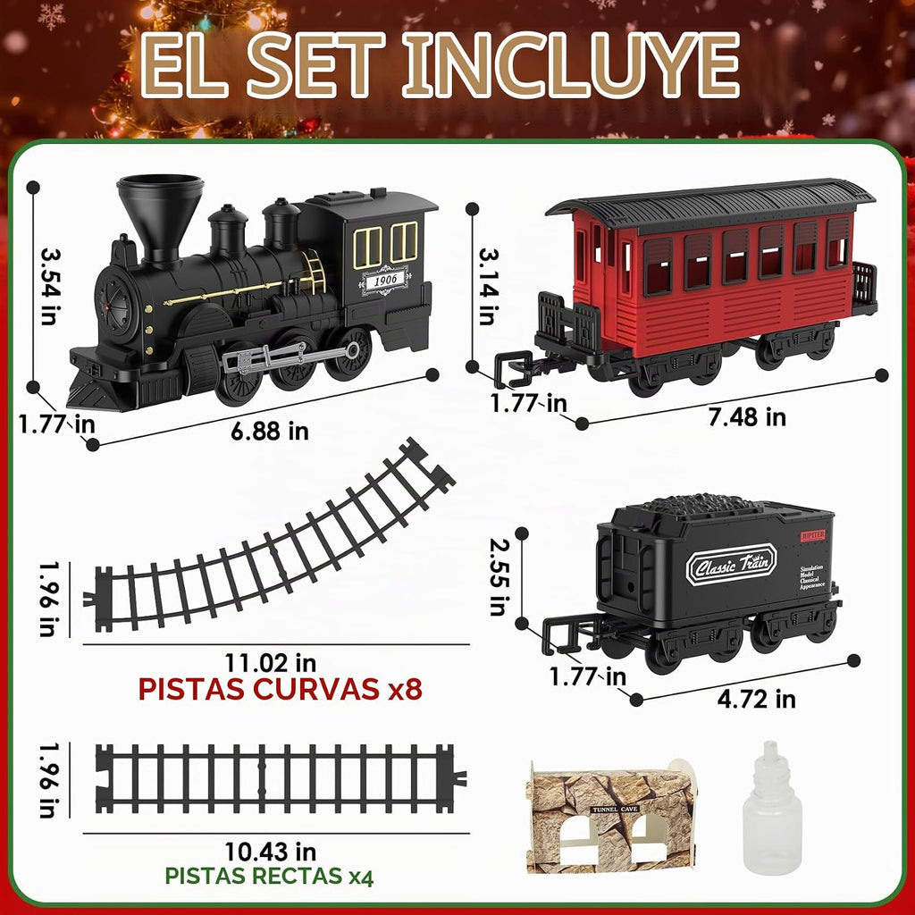 Juego de tren de árbol de Navidad de 15 piezas con humo, sonido y luces, pista elegante y vagones de pasajeros vintage para Navidad, juego de tren para niños de 3 a 8 años, regalos para niños
