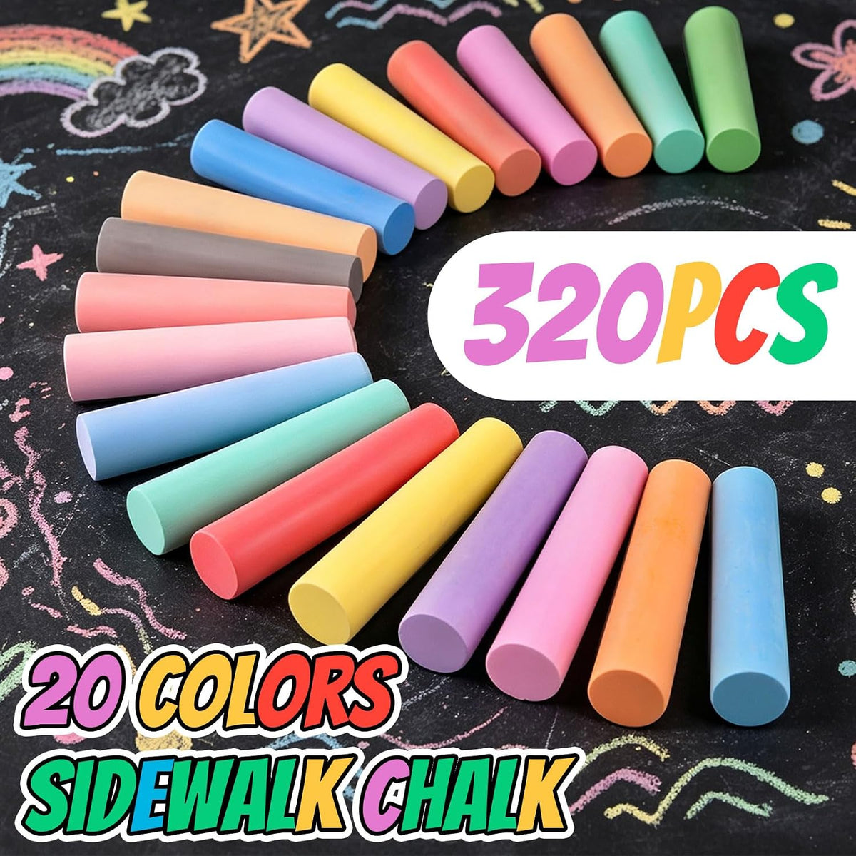 Juego de 320 tizas para acera para niños, 20 colores jumbo, lavables