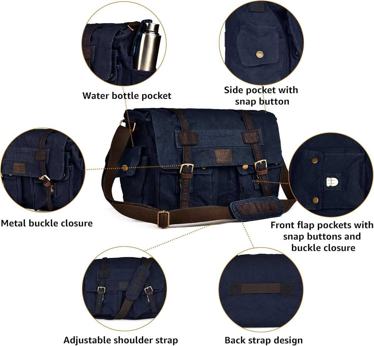 Bolsa bandolera de hombro de lona LEATHER VILLAGE para hombres y mujeres – Elegante bandolera estilo mochila para oficina, viajes y uso diario