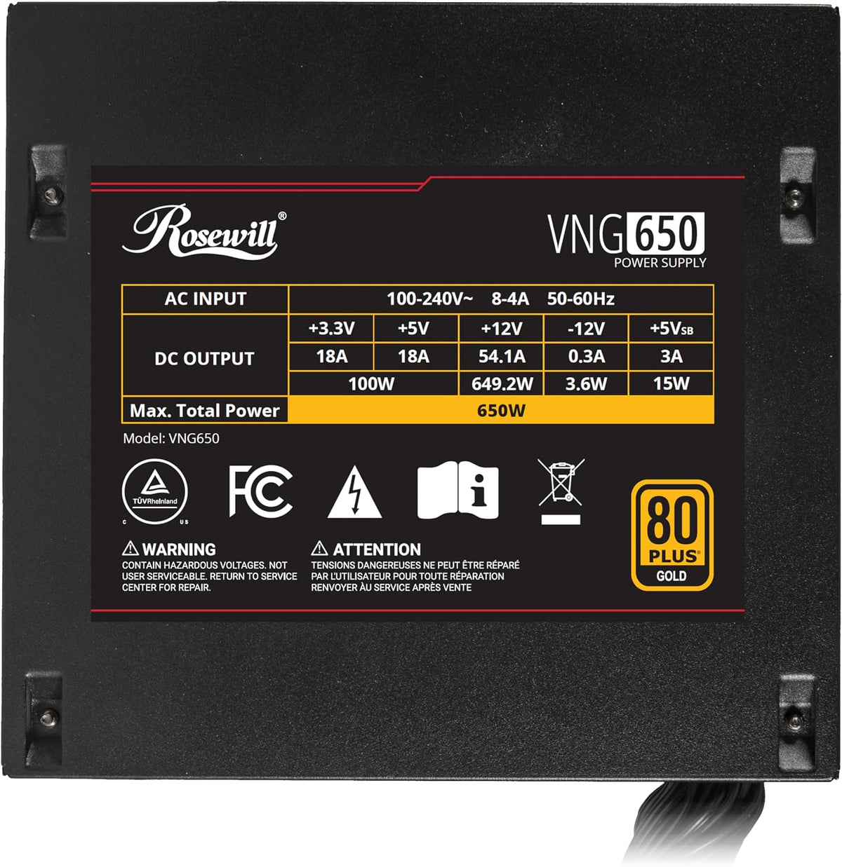 Rosewill VNG 650 W 80+ Certificado Gold, compatible con ATX 3.0 y 3...
