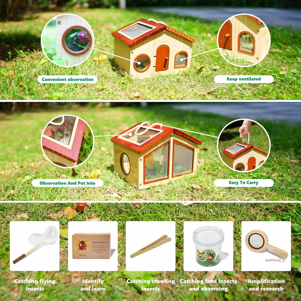 Kit explorador para niños y atrapa insectos para niños, juguetes al aire libre con gran hábitat de bichos de madera portátil, red de mariposa, lupa, taza de observación, 15 tarjetas de