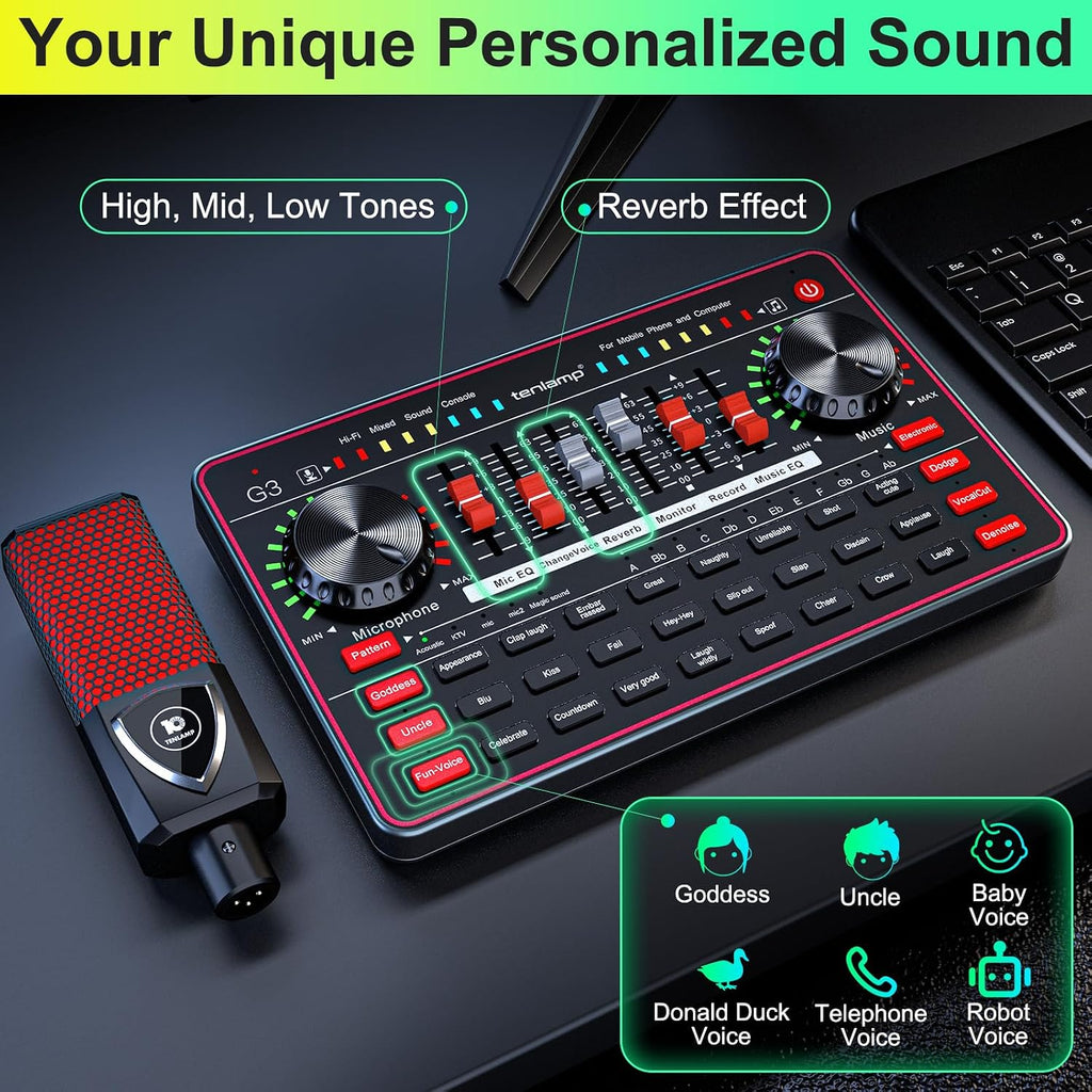 Paquete de micrófono de podcast con mezclador de audio de placa de sonido en vivo, equipo de podcast con micrófono de condensador de 3.5mm para transmisión en vivo, canto, juegos en Pc/Teléfono