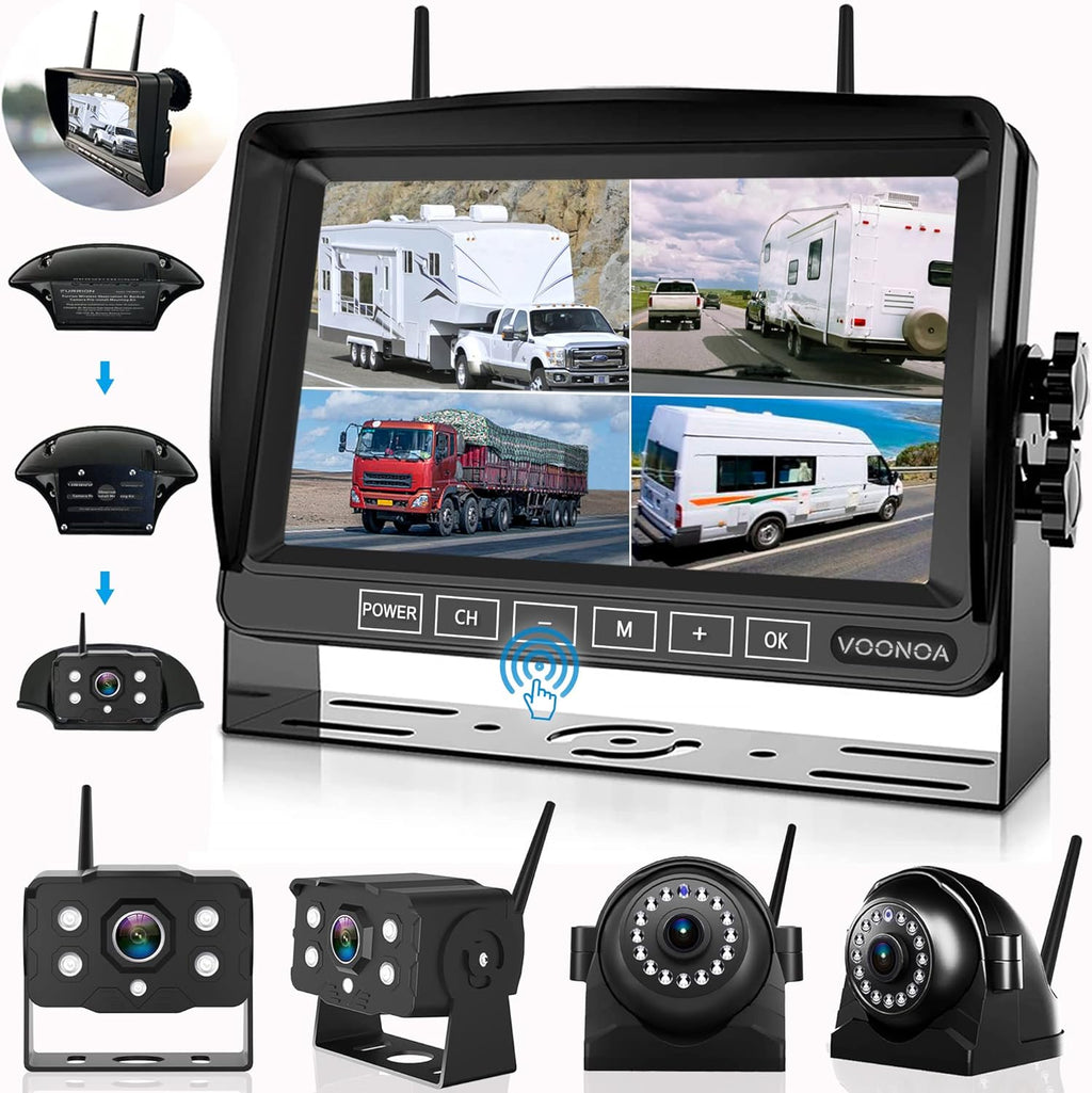 Sistema de cámara inalámbrica 1080P para RV, cámara de respaldo de visión nocturna IP69 impermeable con cámara de visión trasera lateral y monitor HD de 7 pulgadas para RV, camión, remolque, casa
