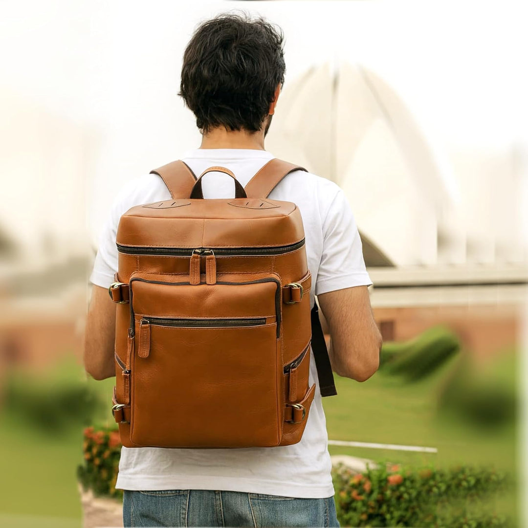 HLC Mochila de cuero genuino para computadora portátil para hombres...