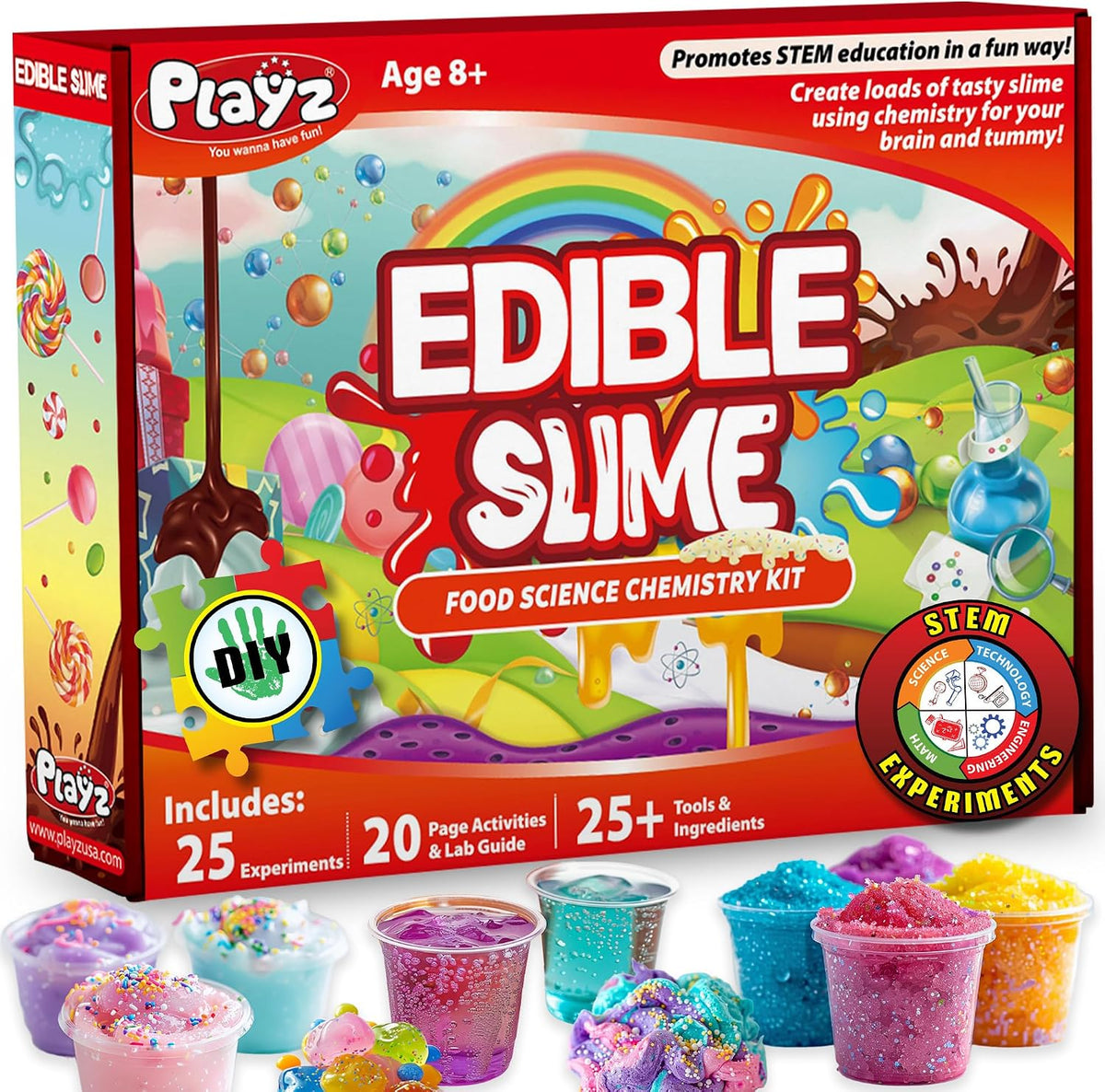 Playz Kit de fabricación de dulces de baba comestibles para niños de 8 a 12 años – Kit de ciencia de química de alimentos para niños con 25 experimentos para hacer chocolates de baba, kits de ciencia