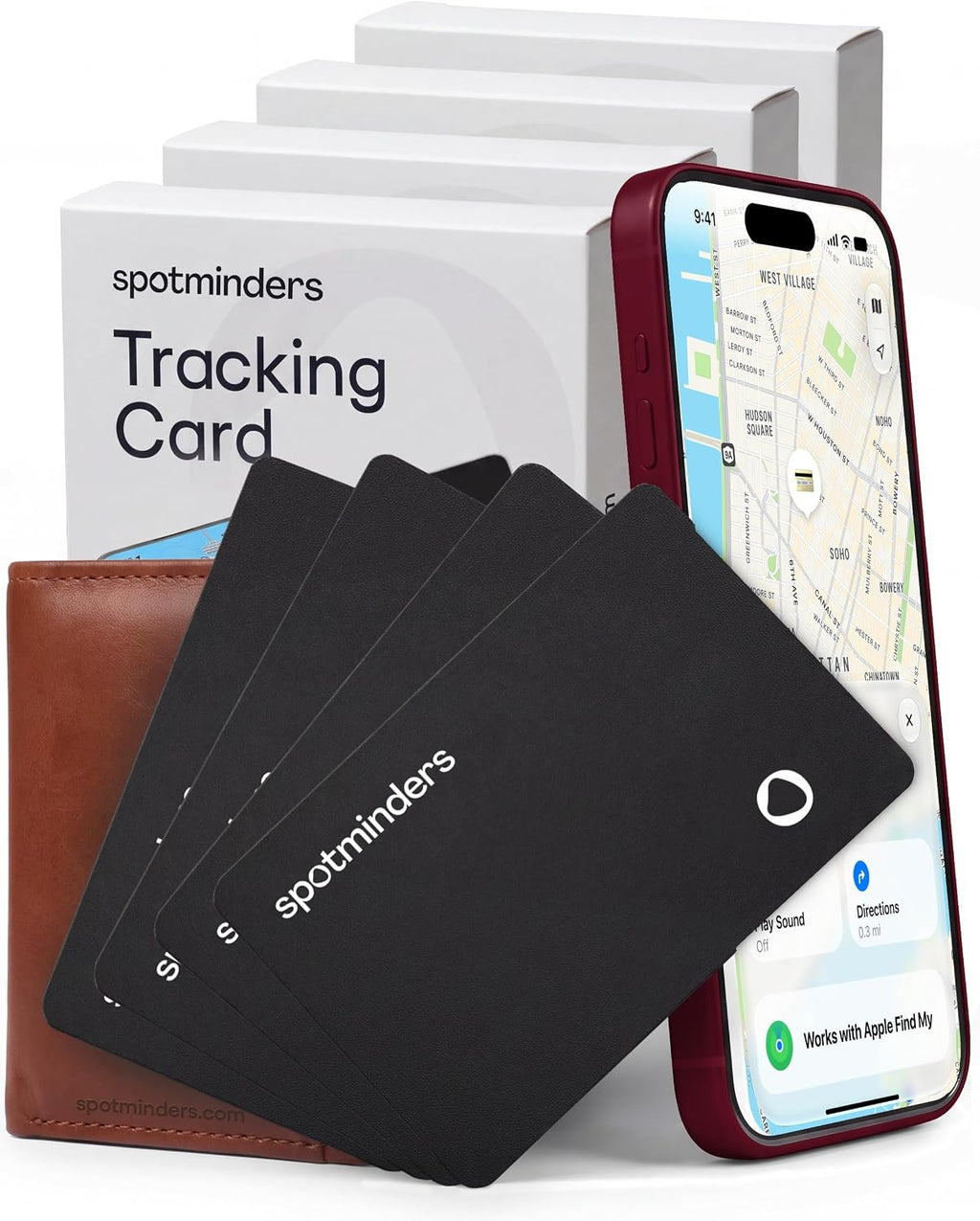 SPOTMINDERS - Tarjeta de seguimiento de cartera con certificación MFi de Apple, color negro, paquete de 4 regalos de viaje para él, funciona con Apple Find My Rechargeable Tracker IP68, impermeable, 0.07 pulgadas, delgado, buscador de artículos para