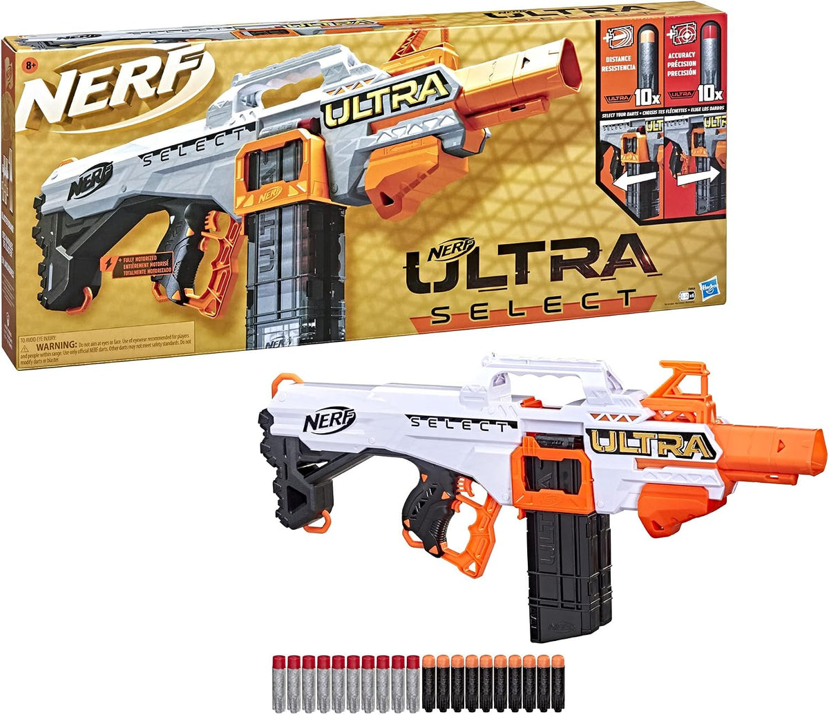 Nerf Ultra Select - Lanzador totalmente motorizado, disparo para distancia o precisión, incluye cargadores y dardos, juegos y juguetes al aire libre, lanzadores automáticos eléctricos de espuma de