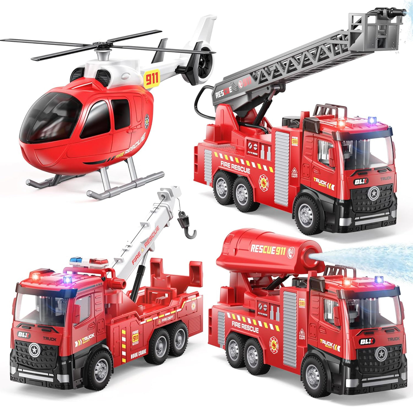 Vanvimen Paquete de 4 camiones de bomberos de juguete para niños de...
