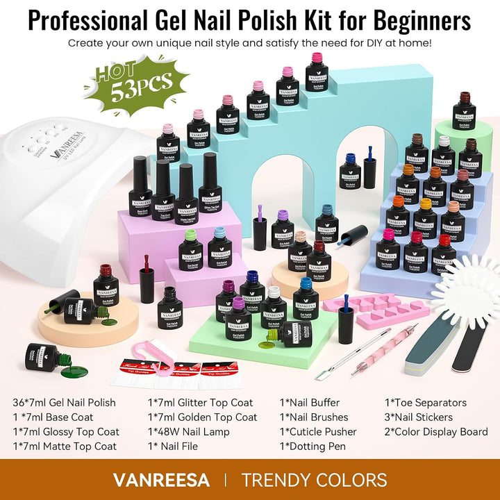 VANREESA Kit de esmalte de uñas de gel con luz UV, 53 piezas, juego...