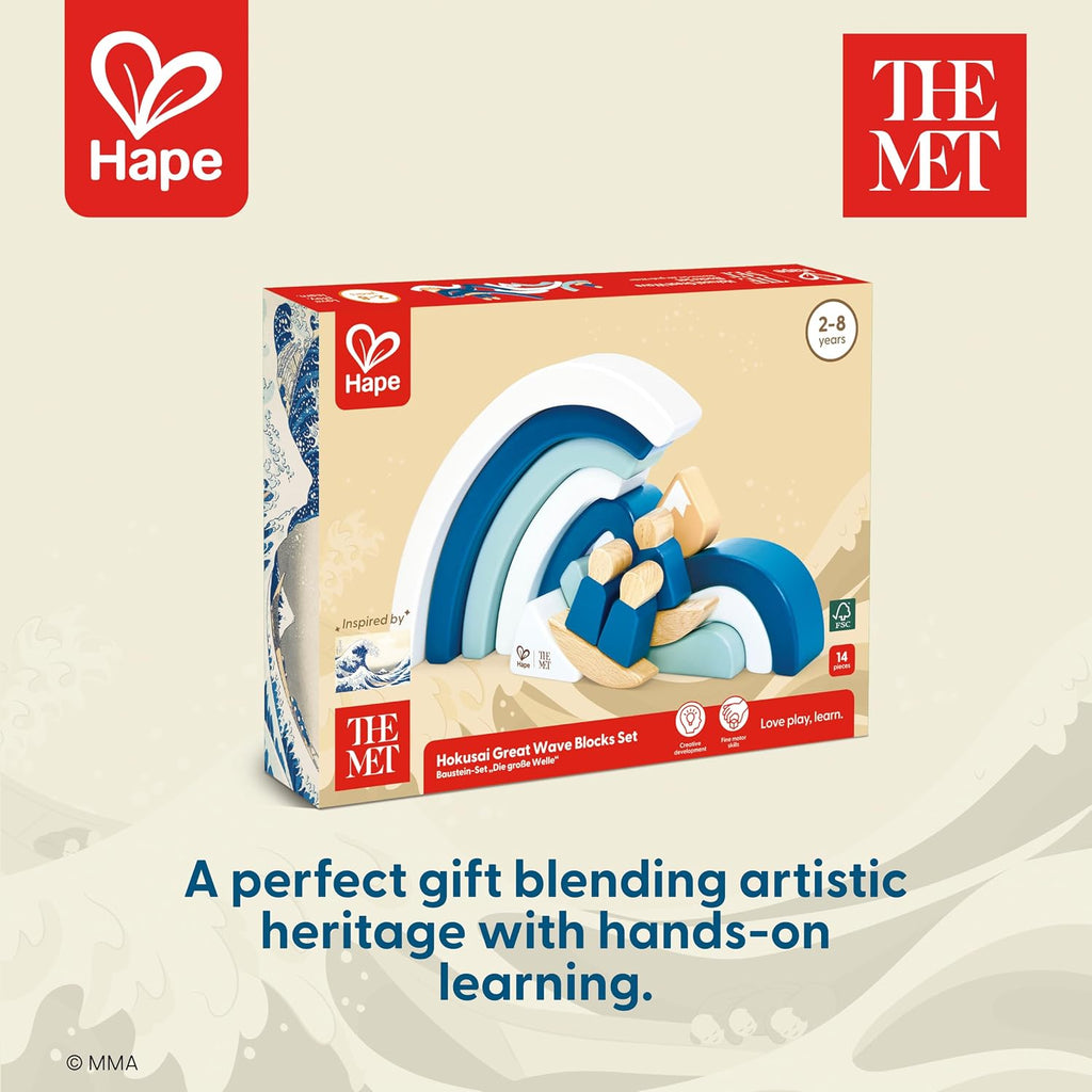 Hape x The Met Hokusai - Bloques de construcción de madera Gran Ola – Juego de bloques inspirado en el arte para edades de 2 a 8 años – Habilidades motoras finas y creatividad