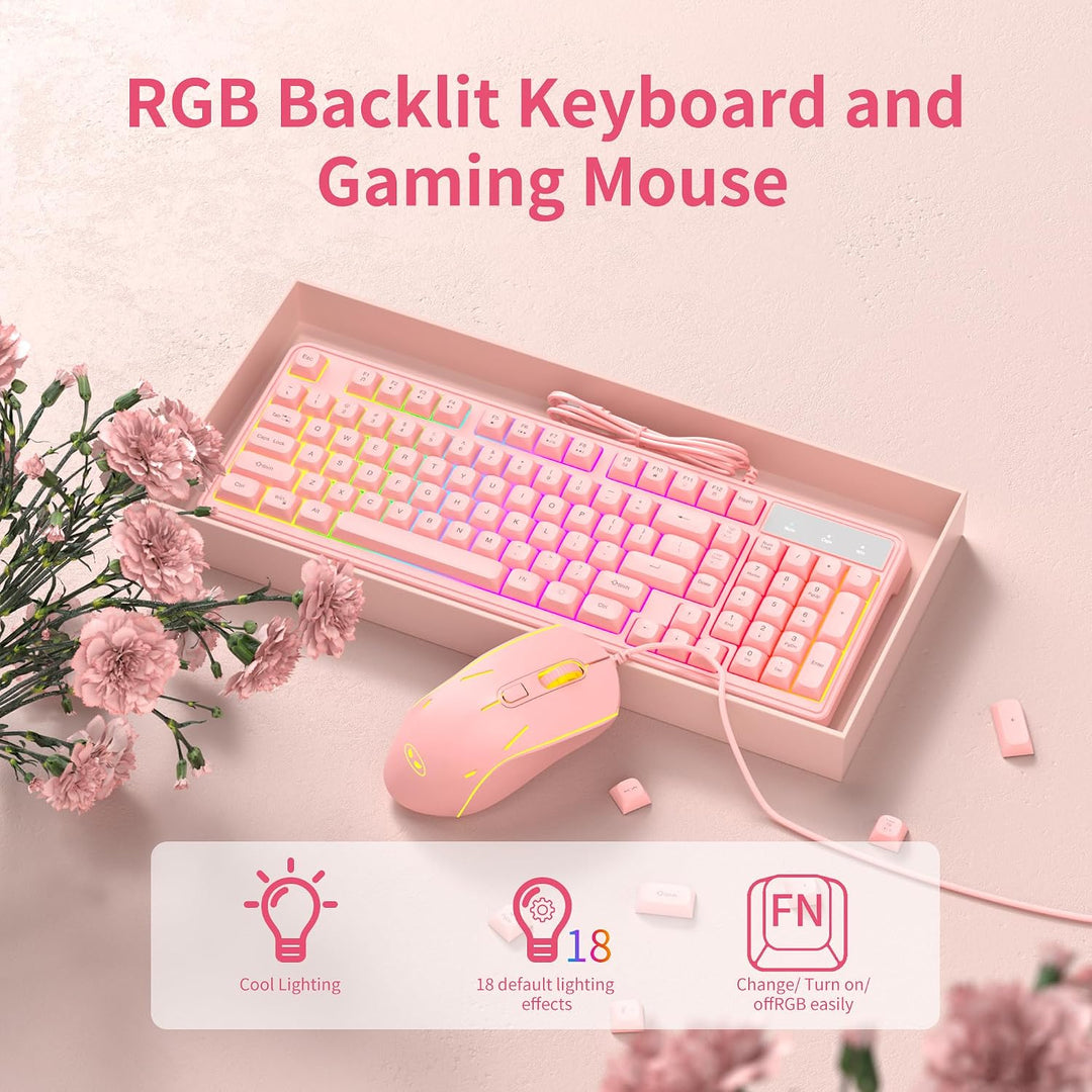 Combo de teclado y ratón rosa cremoso, MageGee GK980 - Teclado rosa...