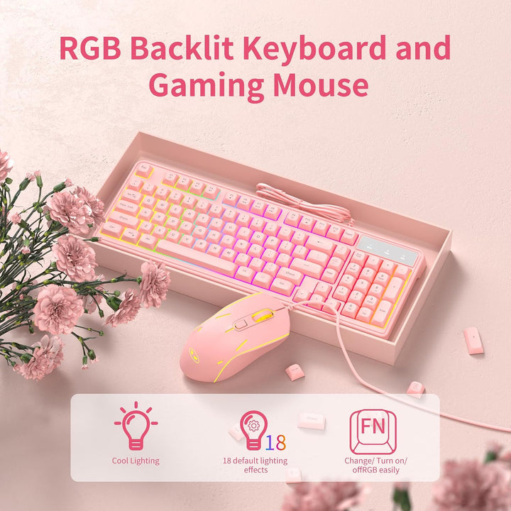 Combo de teclado y ratón rosa cremoso, MageGee GK980 - Teclado rosa...