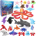 Calendario de Adviento de animales oceánicos impresos en 3D, 24 figuras articuladas de criaturas marinas para ansiedad, cuenta regresiva de Navidad, regalos flexibles para adolescentes y niños