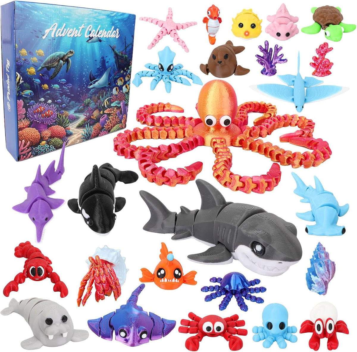 Calendario de Adviento de animales oceánicos impresos en 3D, 24 figuras articuladas de criaturas marinas para ansiedad, cuenta regresiva de Navidad, regalos flexibles para adolescentes y niños