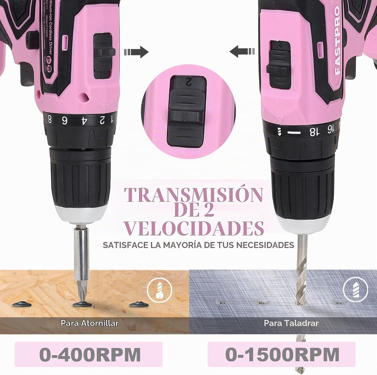 FASTPRO Taladro rosa de 20 V, kit de destornillador inalámbrico con bolsa