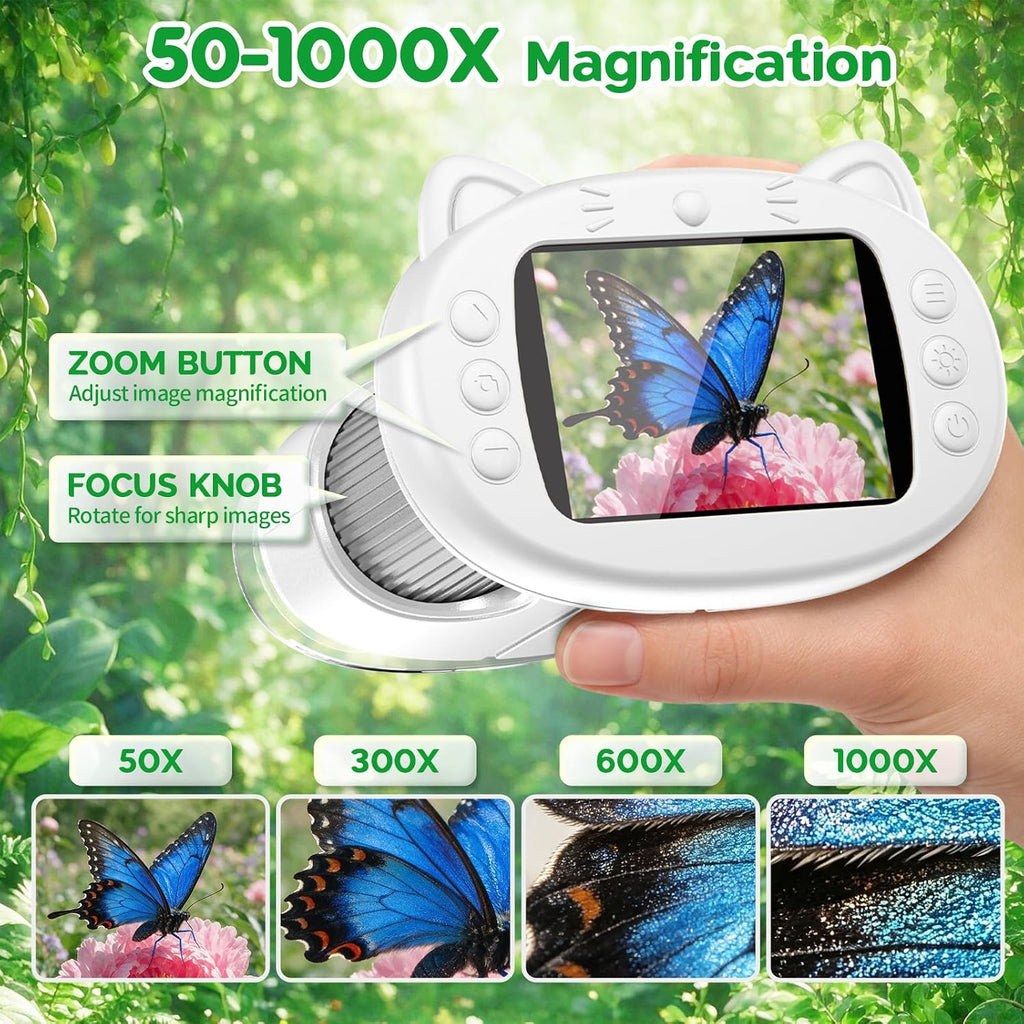 Microscopio de bolsillo de pantalla de 2.4 "para niños: Microscopio de mano 1000X para foto y video - Kits de ciencia portátiles Juguetes STEM - Regalos de Navidad/cumpleaños para niñas y niños de 3 a