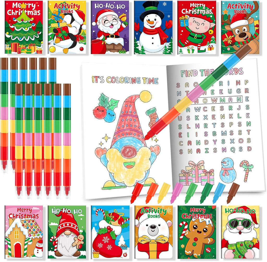 BenLouis 24 mini libros de actividades de Navidad con 24 lápices de colores para niños de 4 a 8 a 16 años, recuerdos de fiesta de Navidad a granel, diferentes juegos cerebrales para el aula, viajes