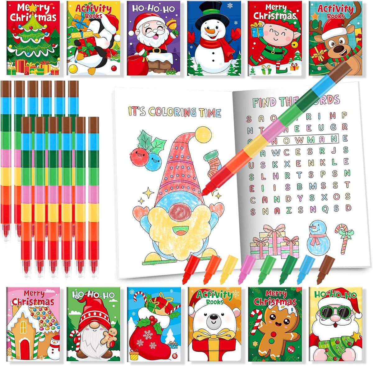 BenLouis 24 mini libros de actividades de Navidad con 24 lápices de colores para niños de 4 a 8 a 16 años, recuerdos de fiesta de Navidad a granel, diferentes juegos cerebrales para el aula, viajes