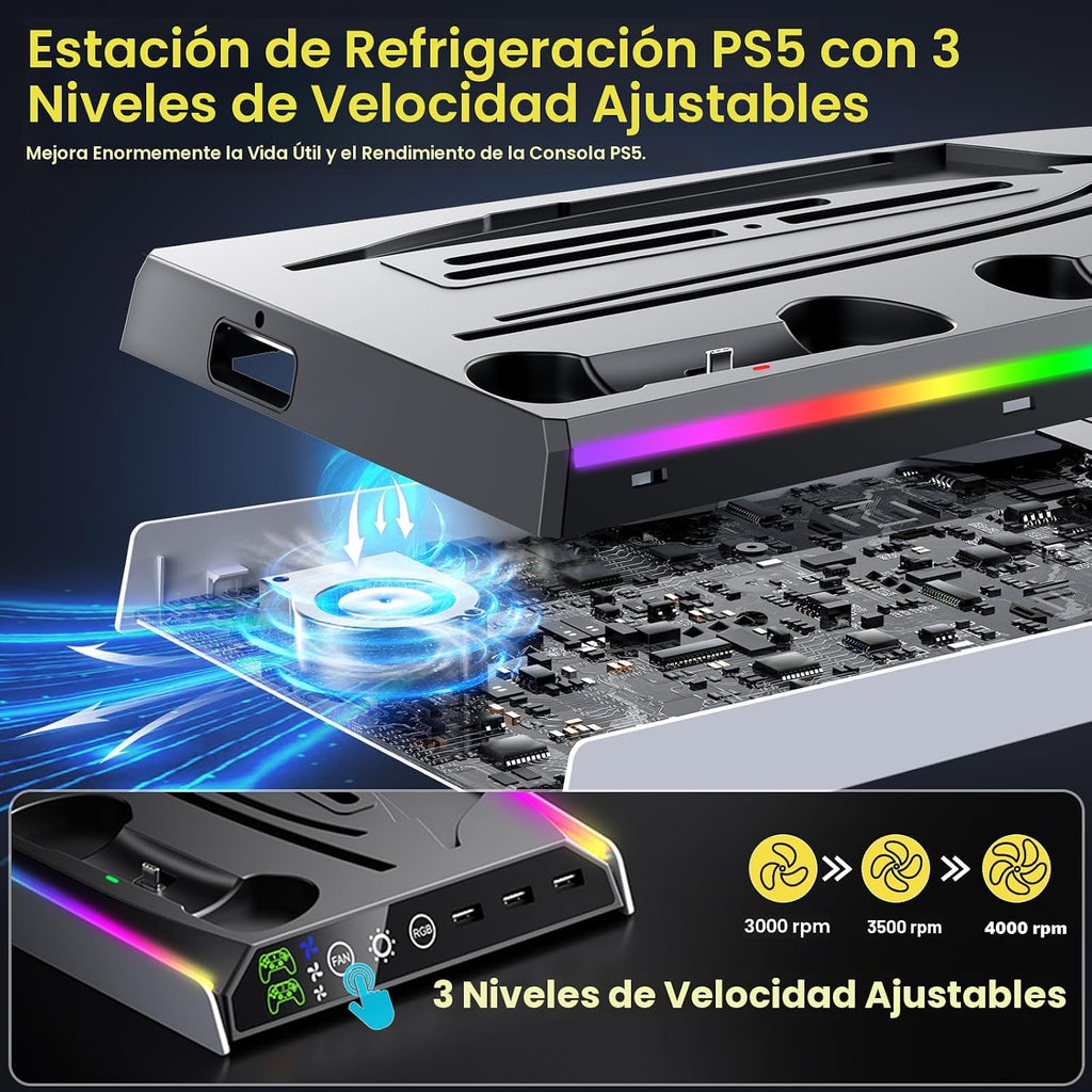 Soporte PS5/PS5 Slim/Pro con ventilador de enfriamiento ajustable, soporte de enfriamiento PS5 para PS5/PS5 Slim/Pro, estación de enfriamiento PS5 con cargadores de controlador dual y luz