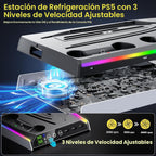 Soporte PS5/PS5 Slim/Pro con ventilador de enfriamiento ajustable, soporte de enfriamiento PS5 para PS5/PS5 Slim/Pro, estación de enfriamiento PS5 con cargadores de controlador dual y luz