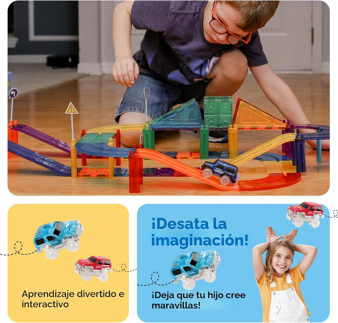 PicassoTiles Juego de azulejos magnéticos para carreras de autos em...