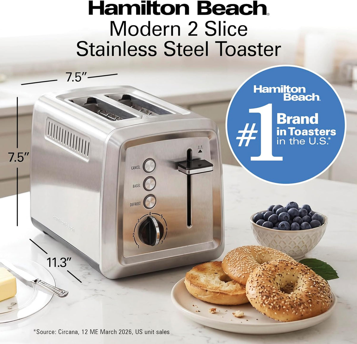Tostadora Hamilton Beach de 2 ranuras con ranuras extra anchas, ajuste de bagel, función de expulsión de pan tostado, bandeja extraíble para las migas, apagado automático y botón de cancelación