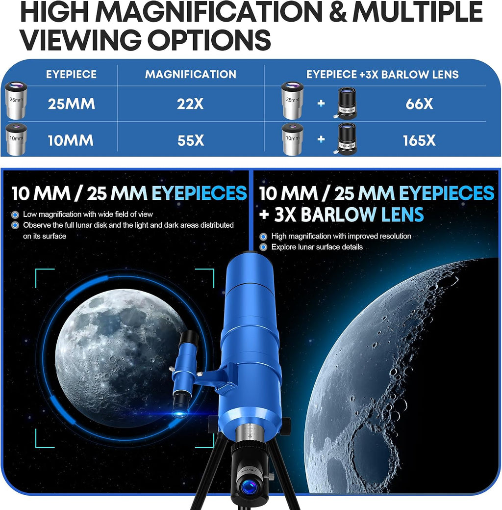 Telescopio para niños y adultos, 3.543 in de apertura, 21.654 in, telescopio astronómico profesional para adultos de alta potencia, telescopios de viaje portátiles para principiantes con trípode y adaptador, bolsa, taburete plegable