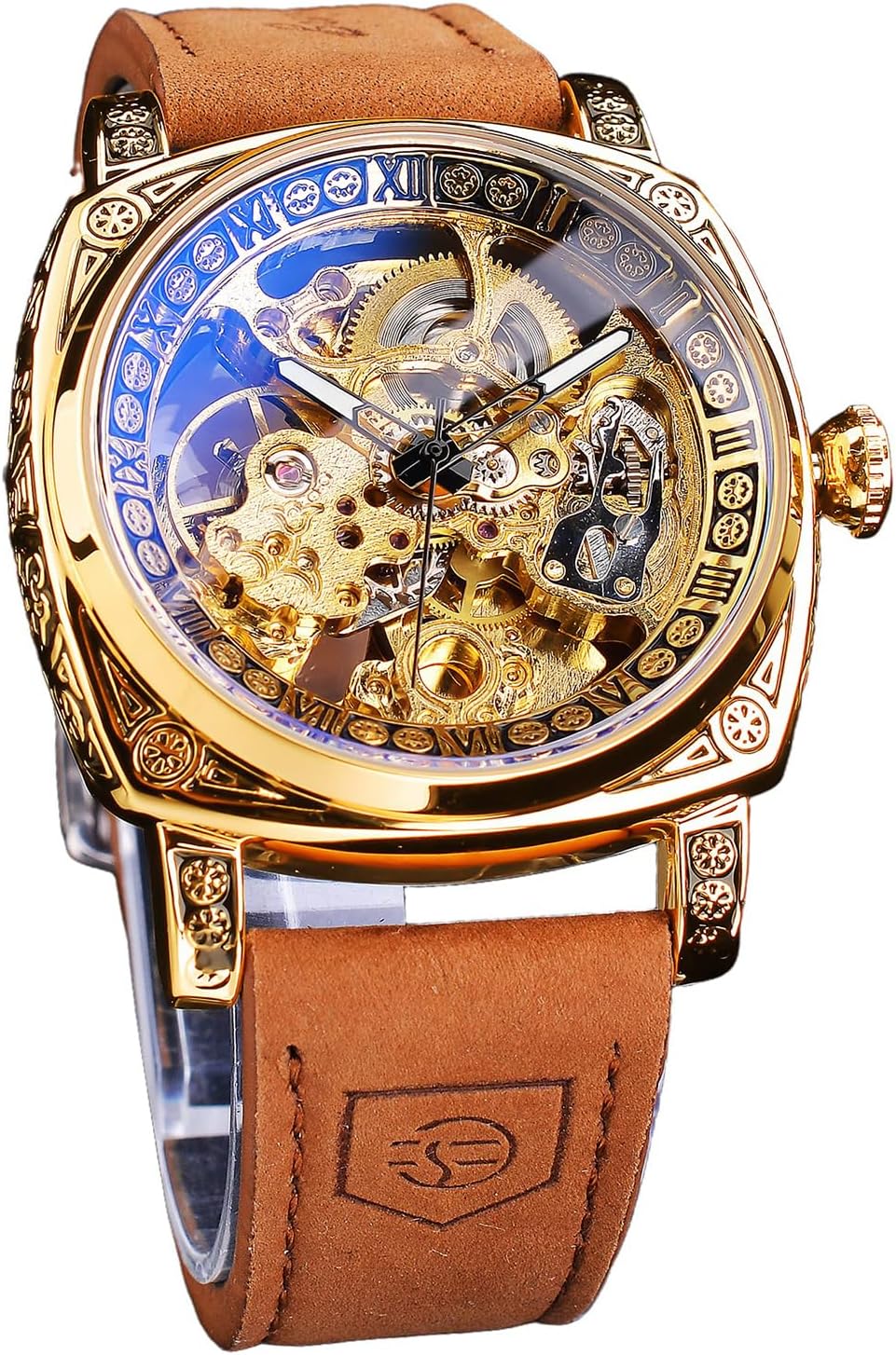 FORSINING Relojes para Hombre, Reloj Mecánico Retro Cuadrado Automático Tallado, Reloj de Pulsera Esqueleto de Cuero Vintage con Correa de Cuero