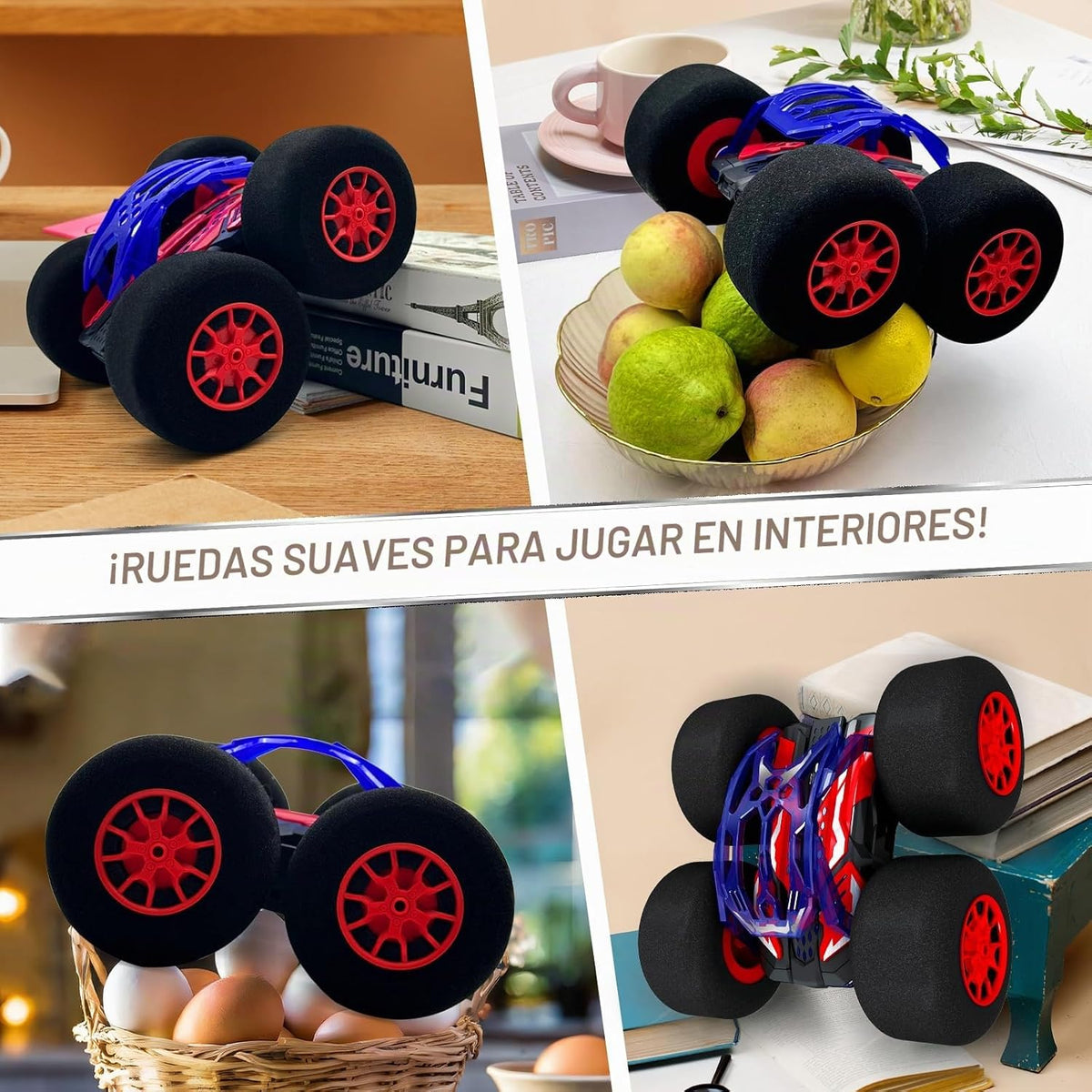Coches de acrobacias RC de interior con control remoto y juguetes con ruedas suaves, coches RC para niños, interior y exterior, con faro LED y acrobacias locas, volteos de 360°, vehículo de doble cara