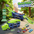 Camión de dinosaurio, camión de dinosaurio, transportador de carreras, pista de carreras con 6 autos fundidos a presión, camión 3 en 1 con 2 pistas de carreras plegables, regalos de cumpleaños