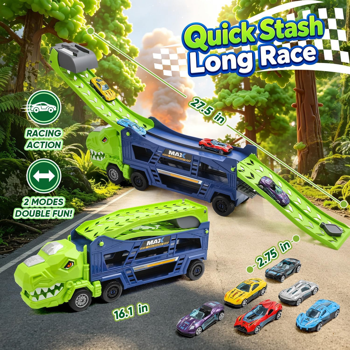 Camión de dinosaurio, camión de dinosaurio, transportador de carreras, pista de carreras con 6 autos fundidos a presión, camión 3 en 1 con 2 pistas de carreras plegables, regalos de cumpleaños