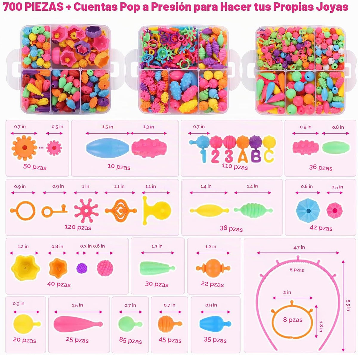 Funtopia Pop Beads, más de 700 piezas de artes y manualidades para niños de 4 a 6 años, cuentas a presión, juego de pulseras, collares, anillos, tobilleras, juguetes creativos para fiestas de