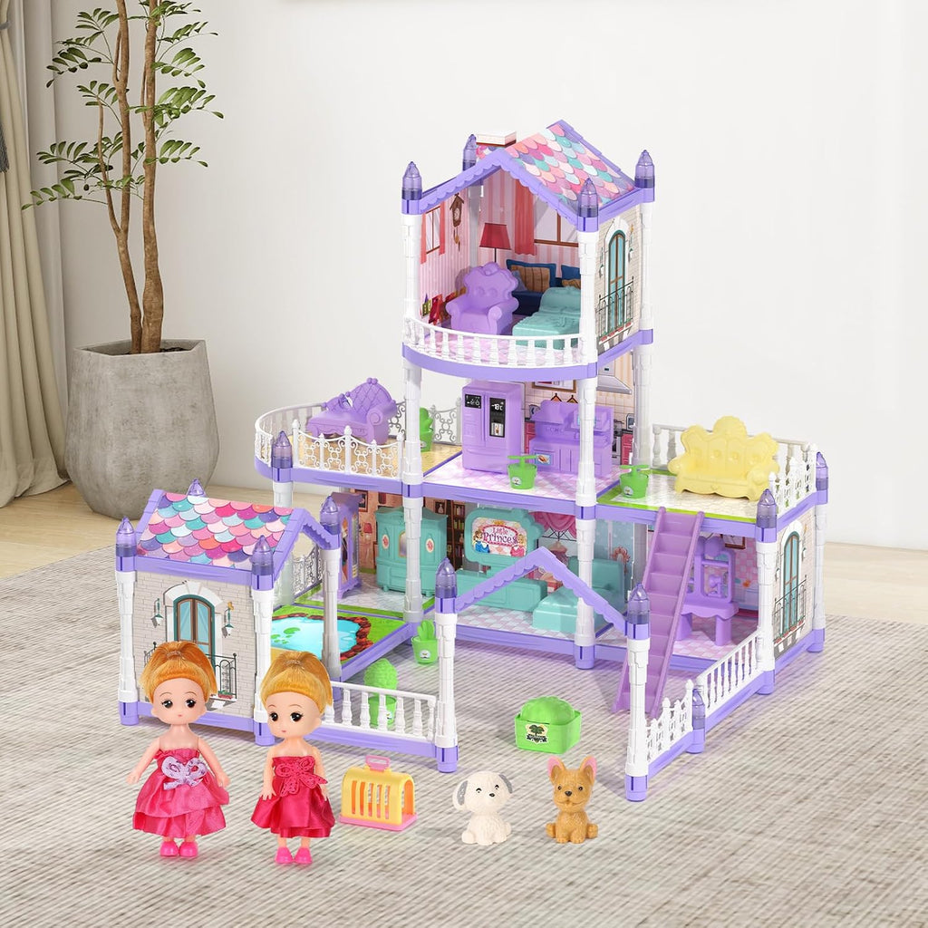 Lámpara Casa de muñecas para niñas, casa de muñecas de ensueño, 9 habitaciones con 2 muñecas, casas de muñecas de princesa, animales, muebles y accesorios, casa de juegos para niñas de más de 3 años