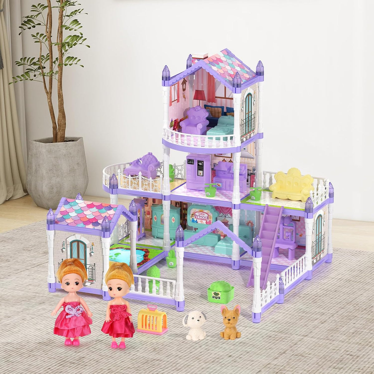 Lámpara Casa de muñecas para niñas, casa de muñecas de ensueño, 9 habitaciones con 2 muñecas, casas de muñecas de princesa, animales, muebles y accesorios, casa de juegos para niñas de más de 3 años
