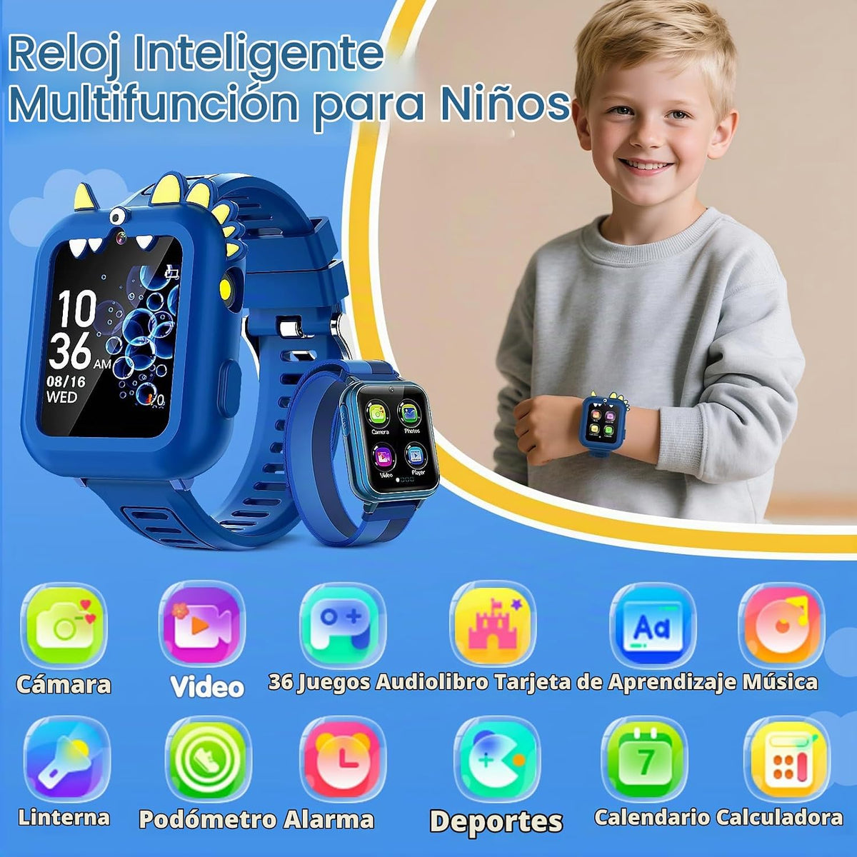 Reloj inteligente para niños, regalo para niños de 3 a 12 años con 39 juegos, reloj despertador, cámara, color azul