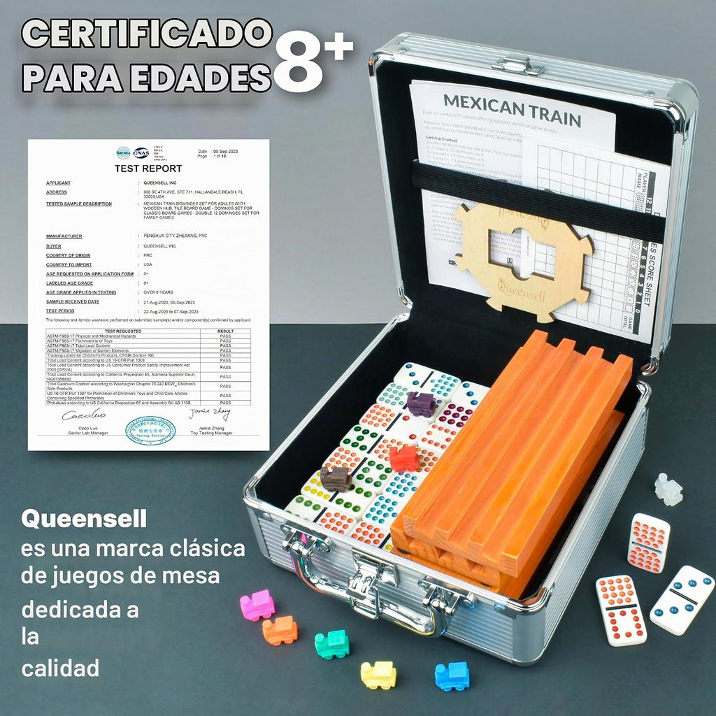 Queensell Juego de Dominó de Tren Mexicano Doble 15 con 8 Soportes - Cubo de Madera y Soportes para Fichas - Doble 15 con Puntos (D15 + 8 Soportes)