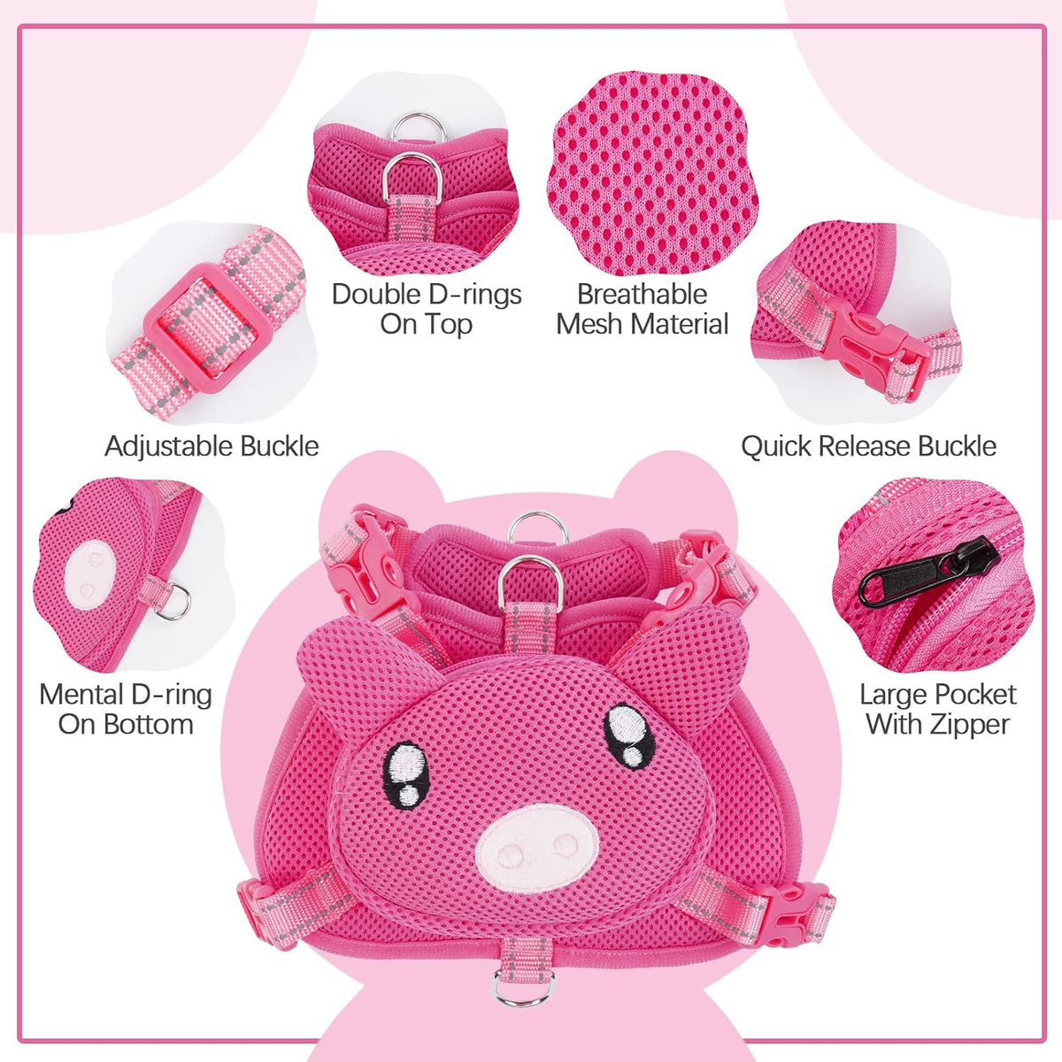 Arnés de mochila para perro, mochila sin tirones con anillo en D, cerdo, M