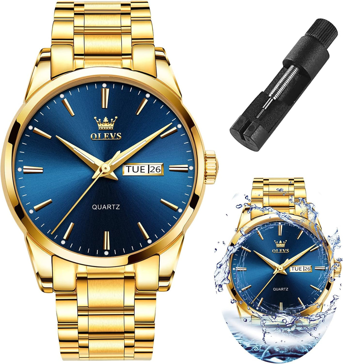 OLEVS Relojes para Hombre de Lujo a prueba de agua Lúminosos de lectura fácil Cronógrafo Con Esmalte Dorado Completo / Blanco Dial / Cara Negra Calendario Pulsera Relojes