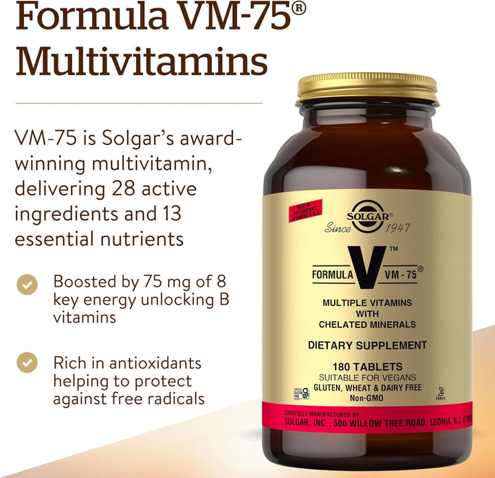 Solgar Fórmula VM-75, 180 tabletas \u2013 Multivitamínico con miner...