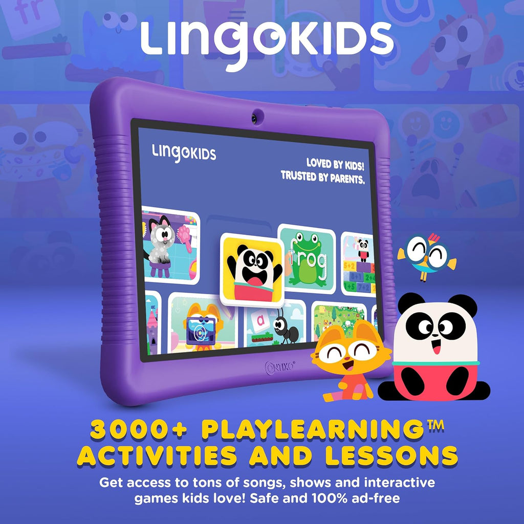 Contixo Paquete de tableta y reloj inteligente para niños de 10 pulgadas, Epic & Lingokids, tableta Android de aprendizaje para niños, 32 GB, reloj educativo con juegos, cámara, reproductor de música, alarma, papel tapiz personalizable, morado