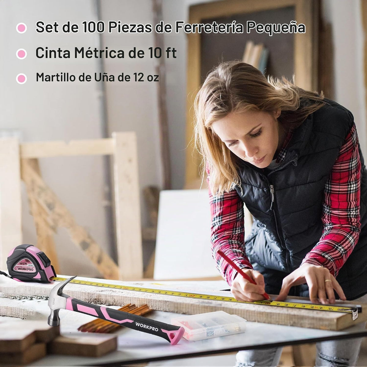 WORKPRO Kit de herramientas rosa, juego de herramientas de reparación del hogar de 263 piezas con bolsa de almacenamiento abierta de boca ancha, kit de herramientas para el hogar, cinta rosa