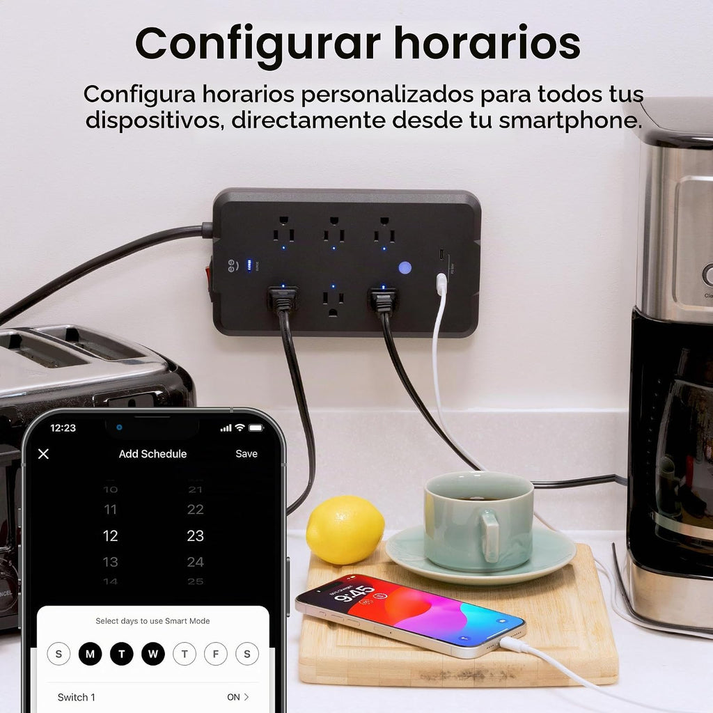 Geeni Tira de enchufe inteligente, 6 tomas y 2 puertos USB, cable de 1,8 m, protector contra sobretensiones con control de voz, control WiFi, compatible con Alexa y Google Home, no requiere