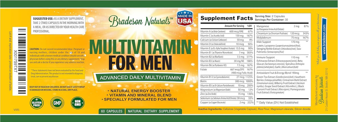 Bradeson Naturals Suplemento multivitamínico para hombres para ener...